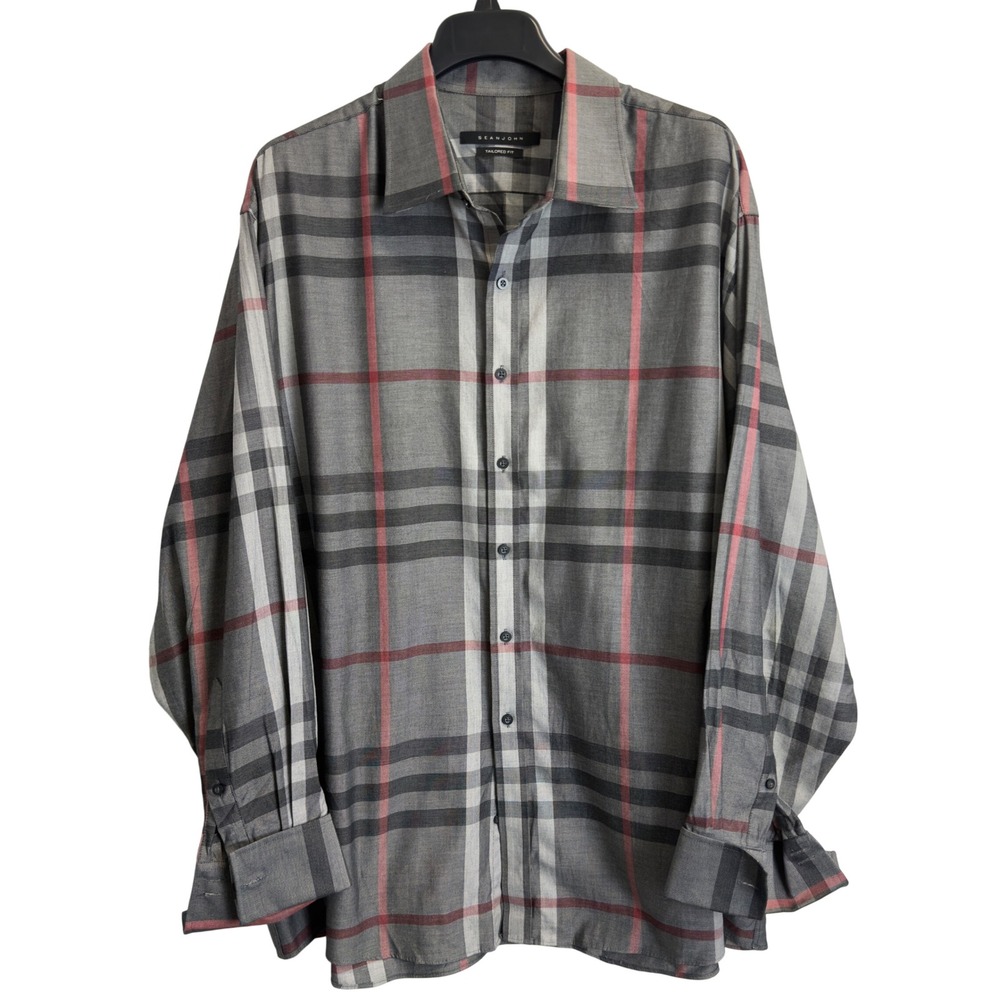 Sean John Mens Grey Plaid Tailored Fit Button Down Shirt 18.5 34/35 Big Cotton